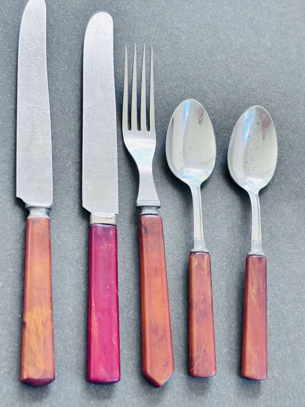 Vintage Bakelite Flatware Lot 5 Pcs Red Orange Marbled Handles